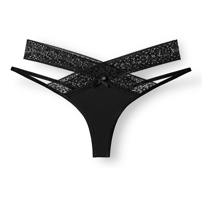 Stylish black lace thong with cutouts, breathable design, and G-string style for women, model SF0987.